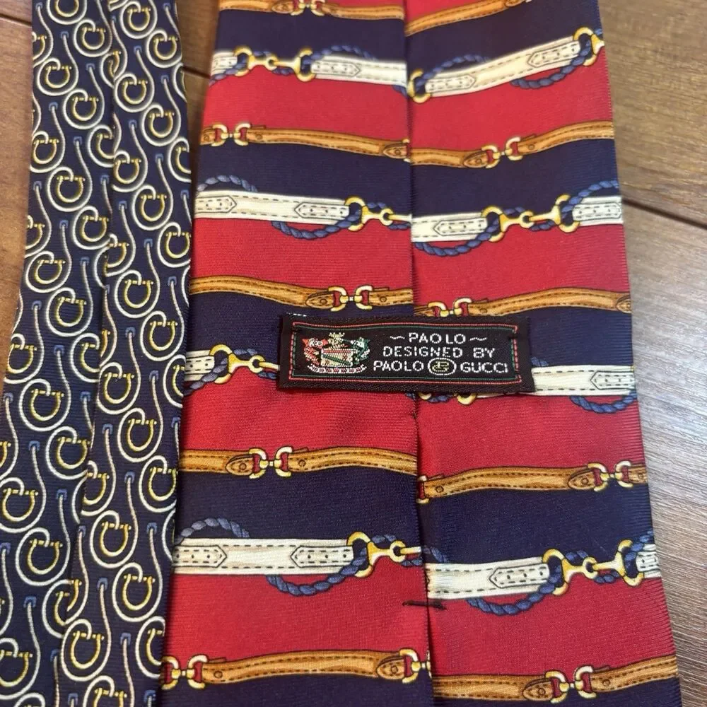 VTG Paolo Designed By Paolo Gucci Silk Tie Italy Equestrian Horsebit Red Navy